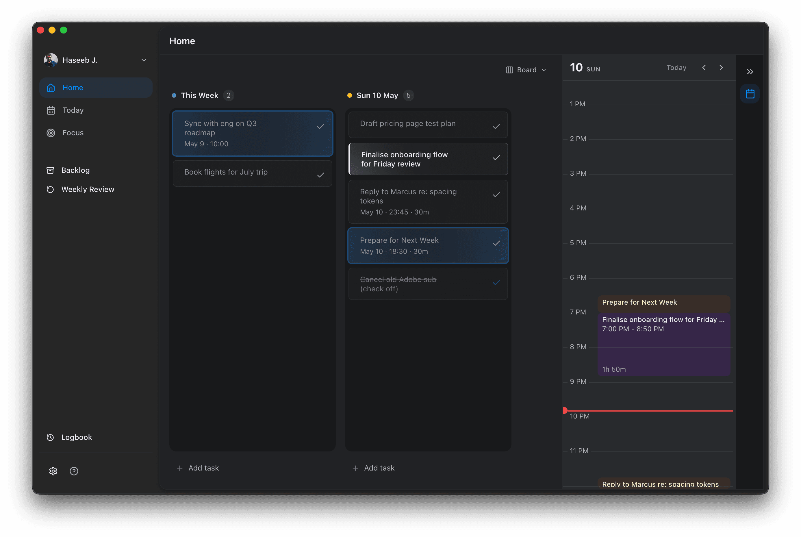 Flow showing the home view with this week, today, and the day's calendar