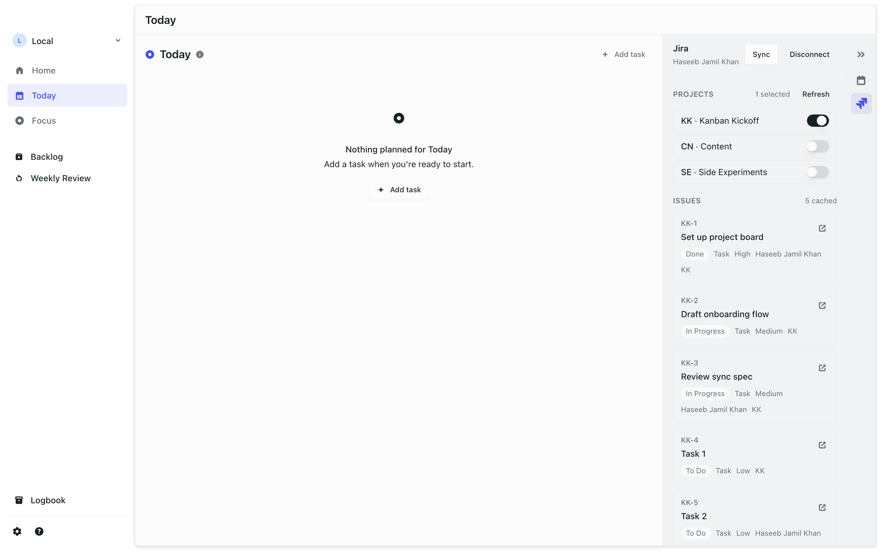 Jira panel showing example issues and project controls